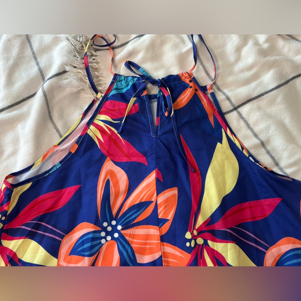 SHEIN Navy Halter Mini Dress with Orange, Pink & Yellow Floral Print - Picture 6 of 12